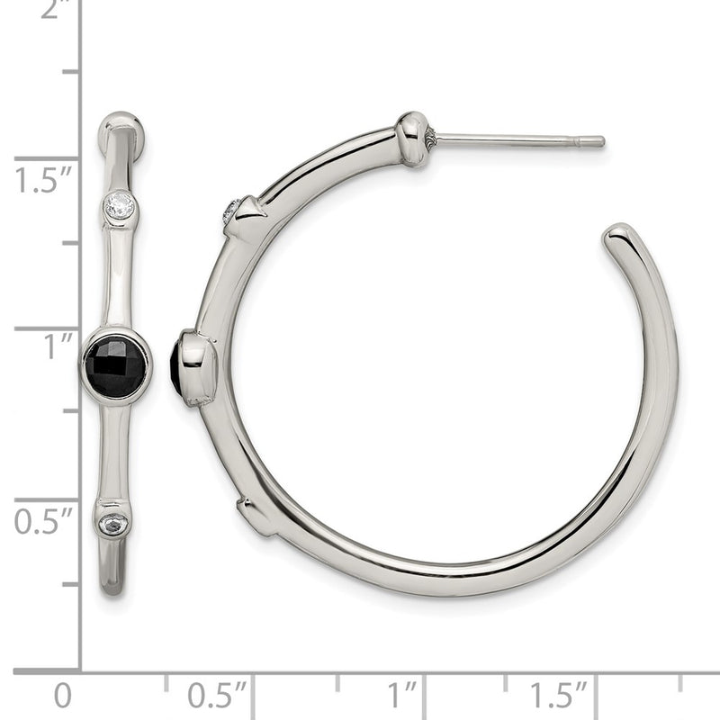 Stainless Steel Chisel Polished With Black Onyx And Cz Post Hoop Earrings