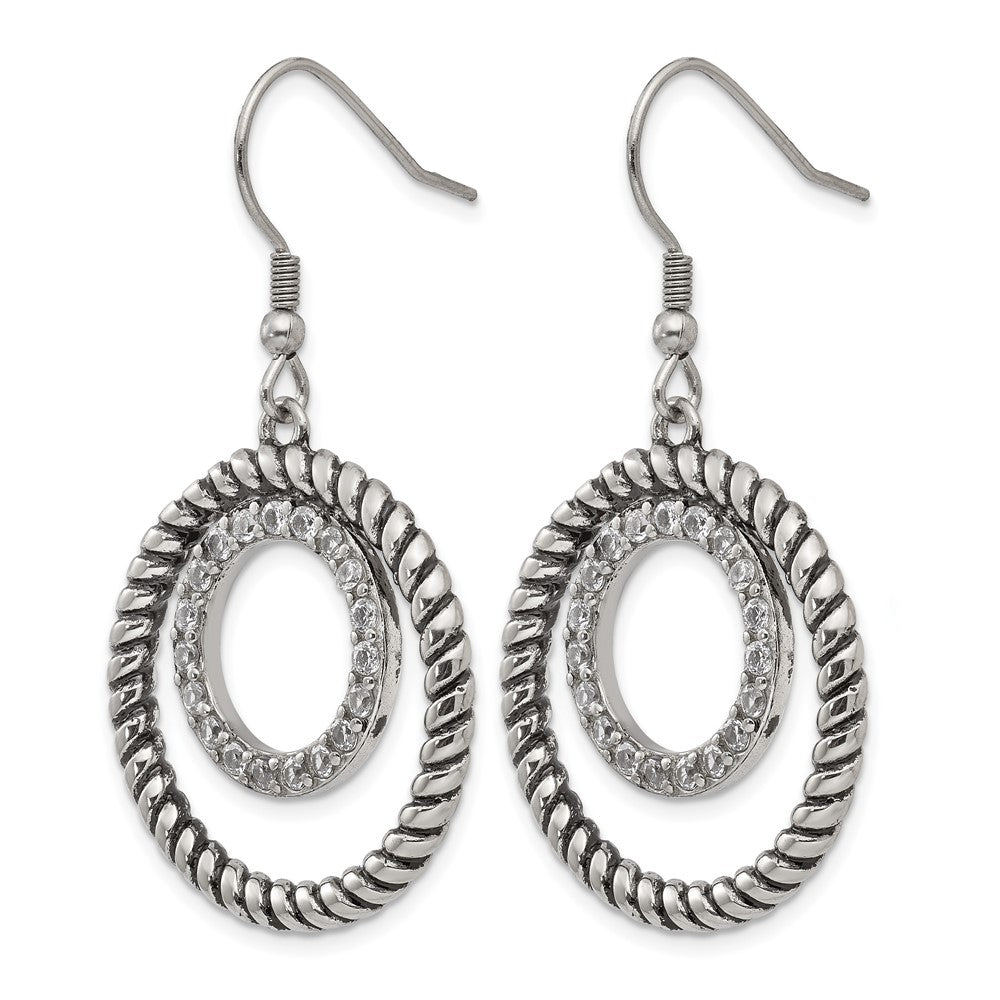 Stainless Steel Antiqued And Polished W/Cz Circle Dangle Earrings