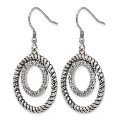 Stainless Steel Antiqued And Polished W/Cz Circle Dangle Earrings