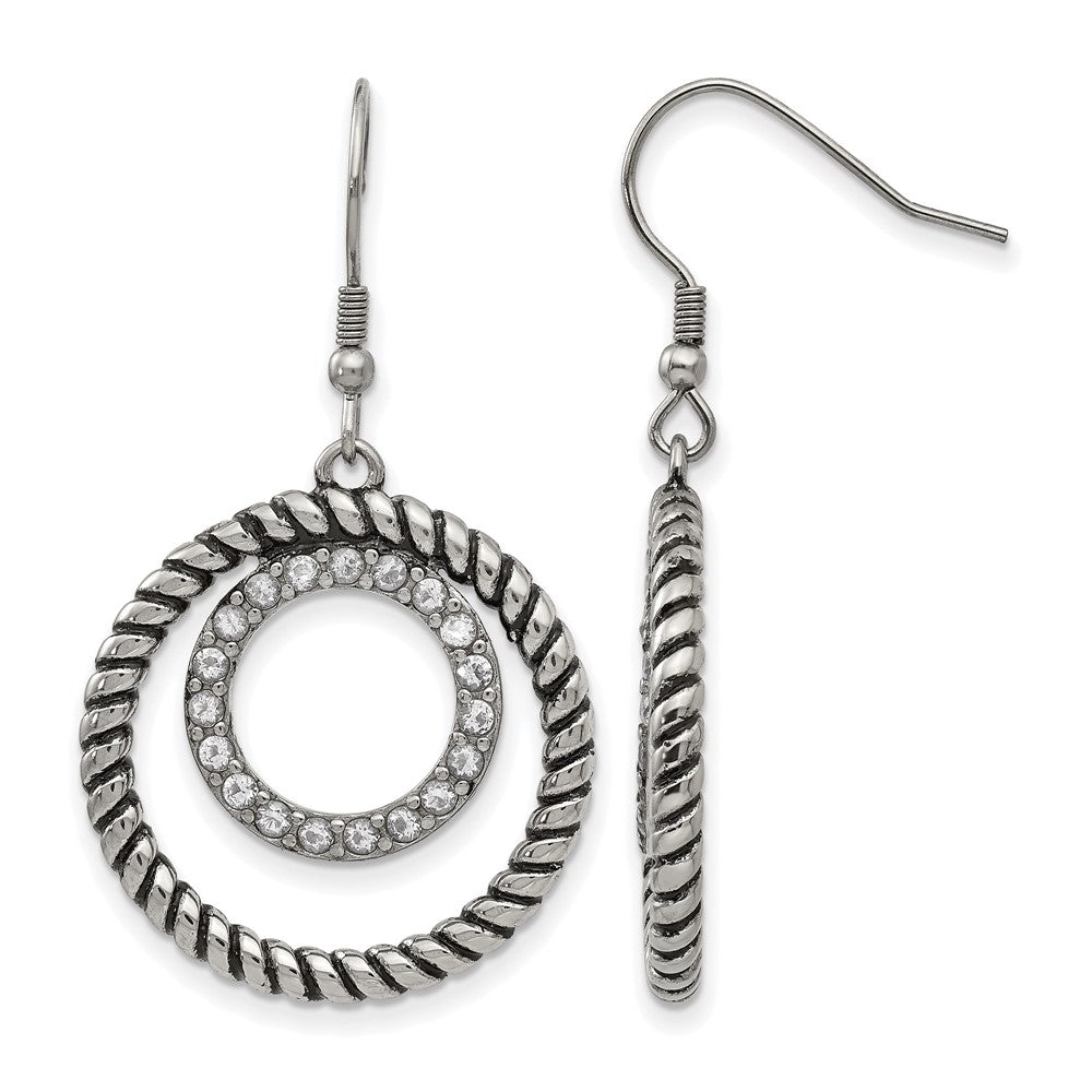 Stainless Steel Antiqued And Polished W/Cz Circle Dangle Earrings