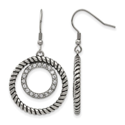 Stainless Steel Antiqued And Polished W/Cz Circle Dangle Earrings