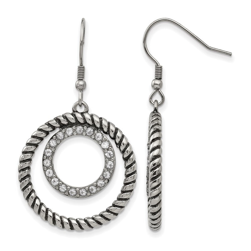 Stainless Steel Antiqued And Polished W/Cz Circle Dangle Earrings