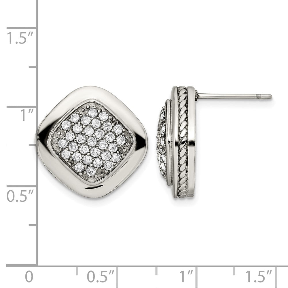 Stainless Steel Polished Cz Square Post Earrings