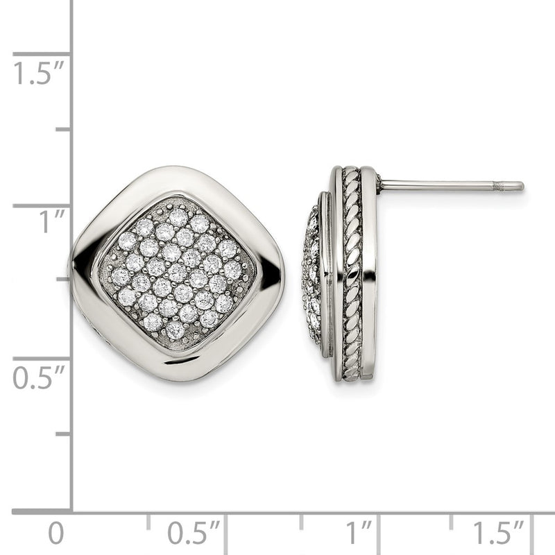 Stainless Steel Polished Cz Square Post Earrings
