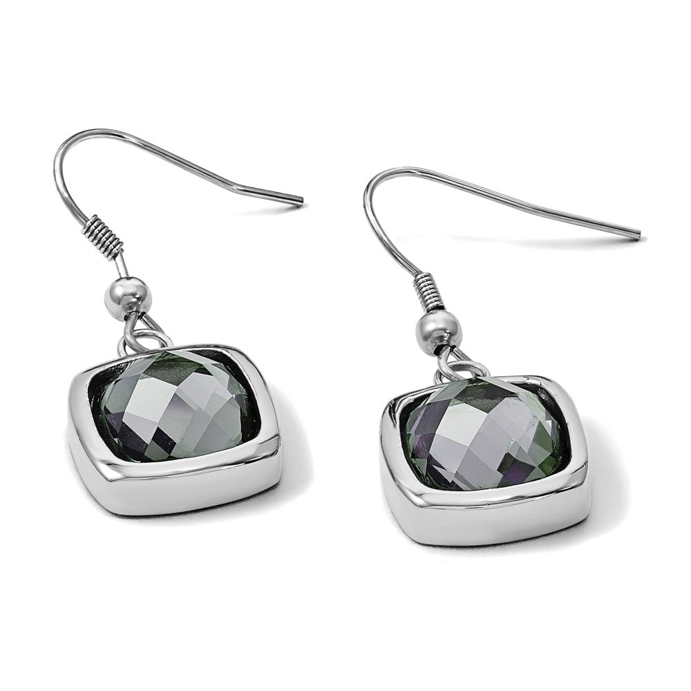 Stainless Steel Chisel Polished Square Grey Glass Dangle Shepherd Hook Earrings