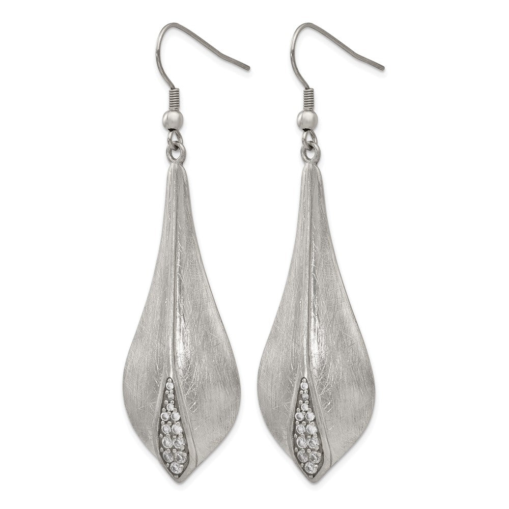 Stainless Steel Brushed And Polished Cz Dangle Shepherd Hook Earrings