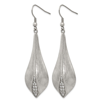 Stainless Steel Brushed And Polished Cz Dangle Shepherd Hook Earrings