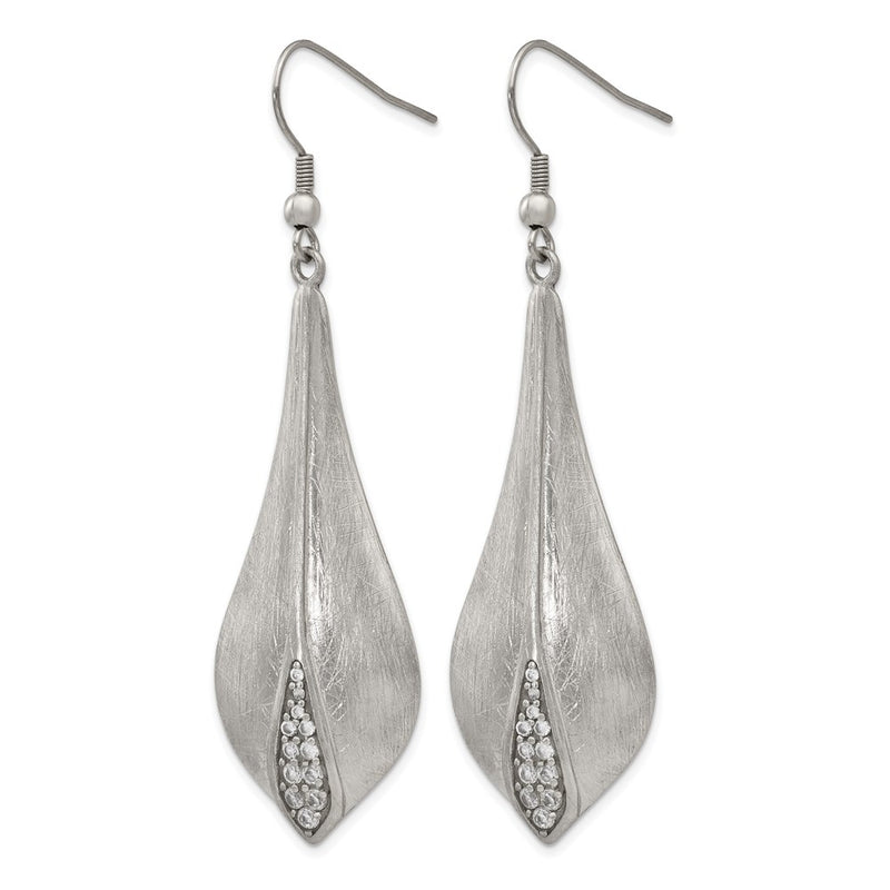 Stainless Steel Brushed And Polished Cz Dangle Shepherd Hook Earrings