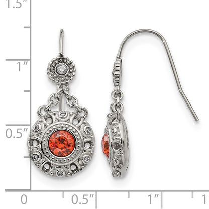 Stainless Steel Chisel Polished Red And Clear Cz Circle Dangle Shepherd Hook Earrings