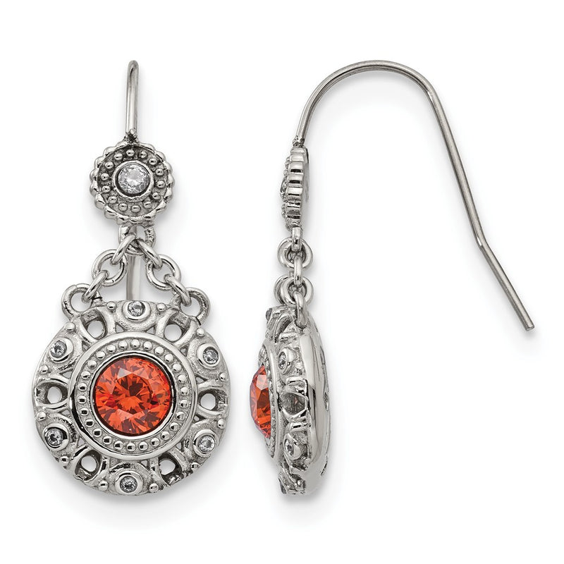 Stainless Steel Chisel Polished Red And Clear Cz Circle Dangle Shepherd Hook Earrings