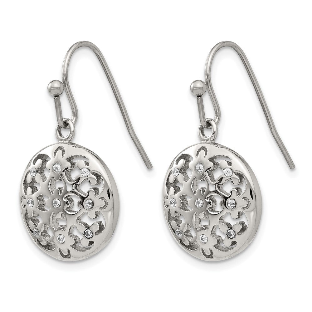 Stainless Steel Polished W/Cz Circle W/Flowers Shepherd Hook Earrings