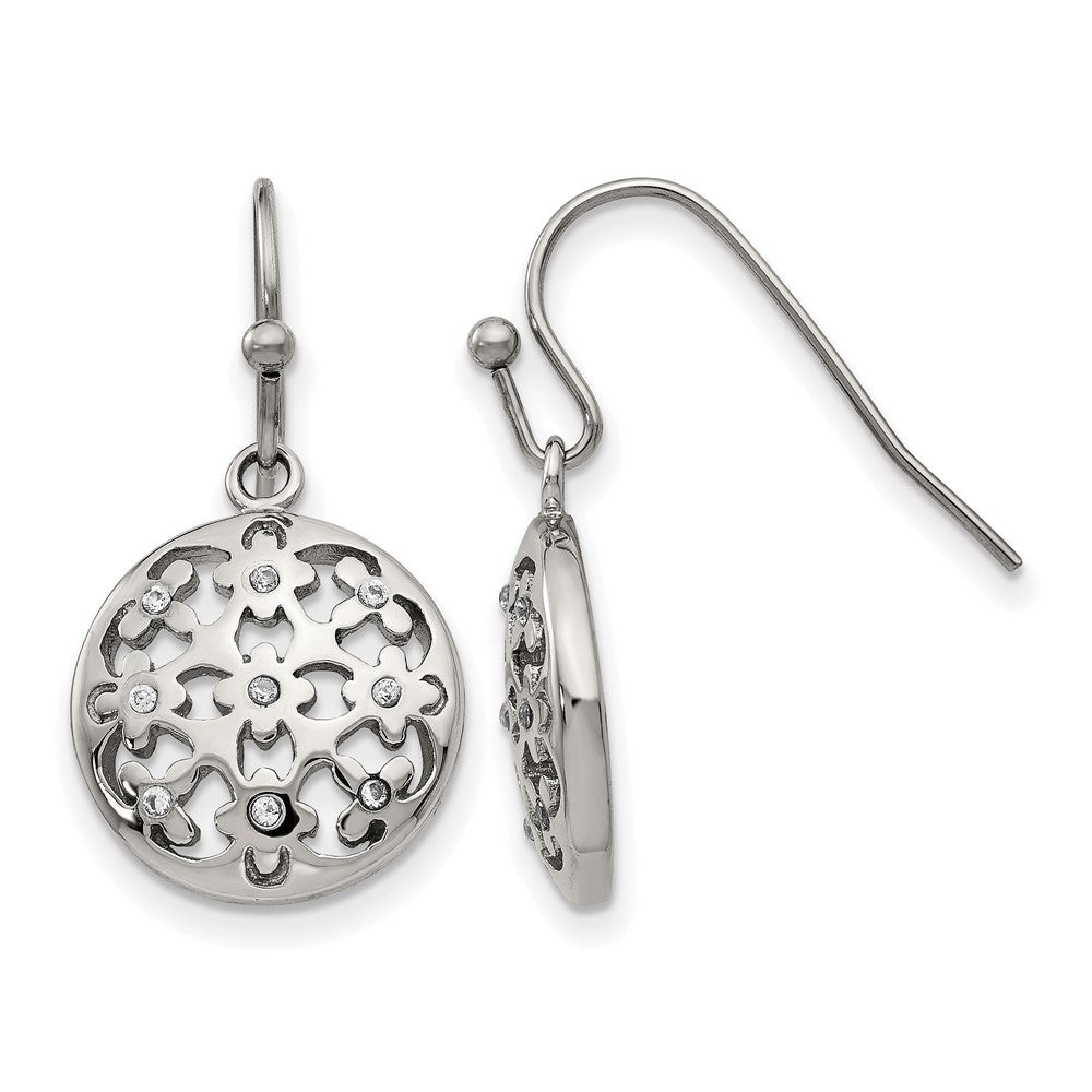 Stainless Steel Polished W/Cz Circle W/Flowers Shepherd Hook Earrings