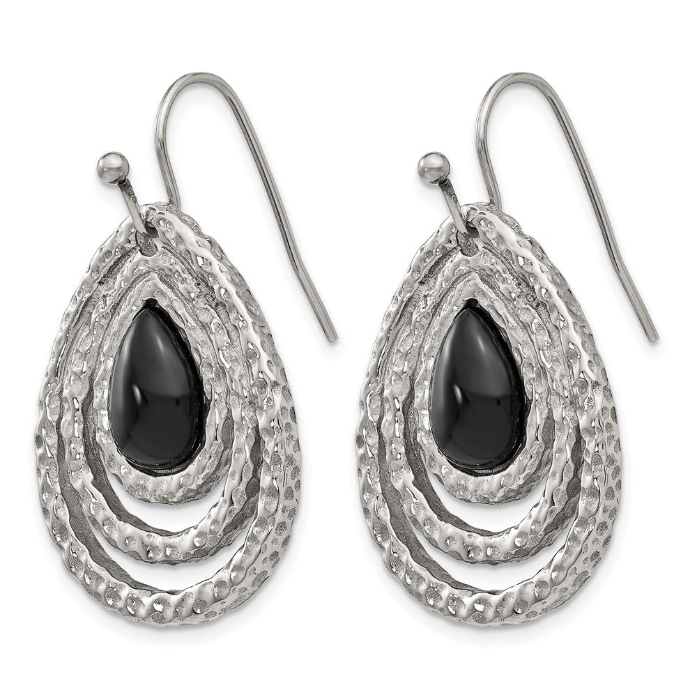 Stainless Steel Chisel Polished And Textured Black Onyx Shepherd Hook Earrings