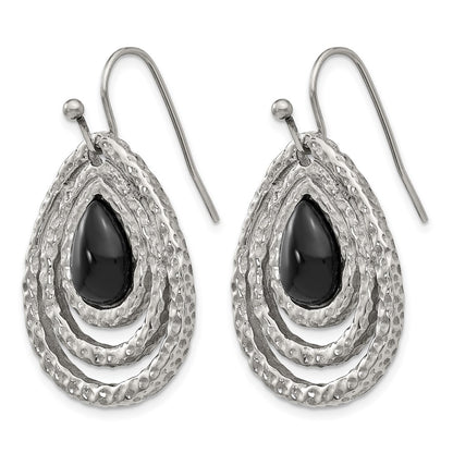 Stainless Steel Chisel Polished And Textured Black Onyx Shepherd Hook Earrings