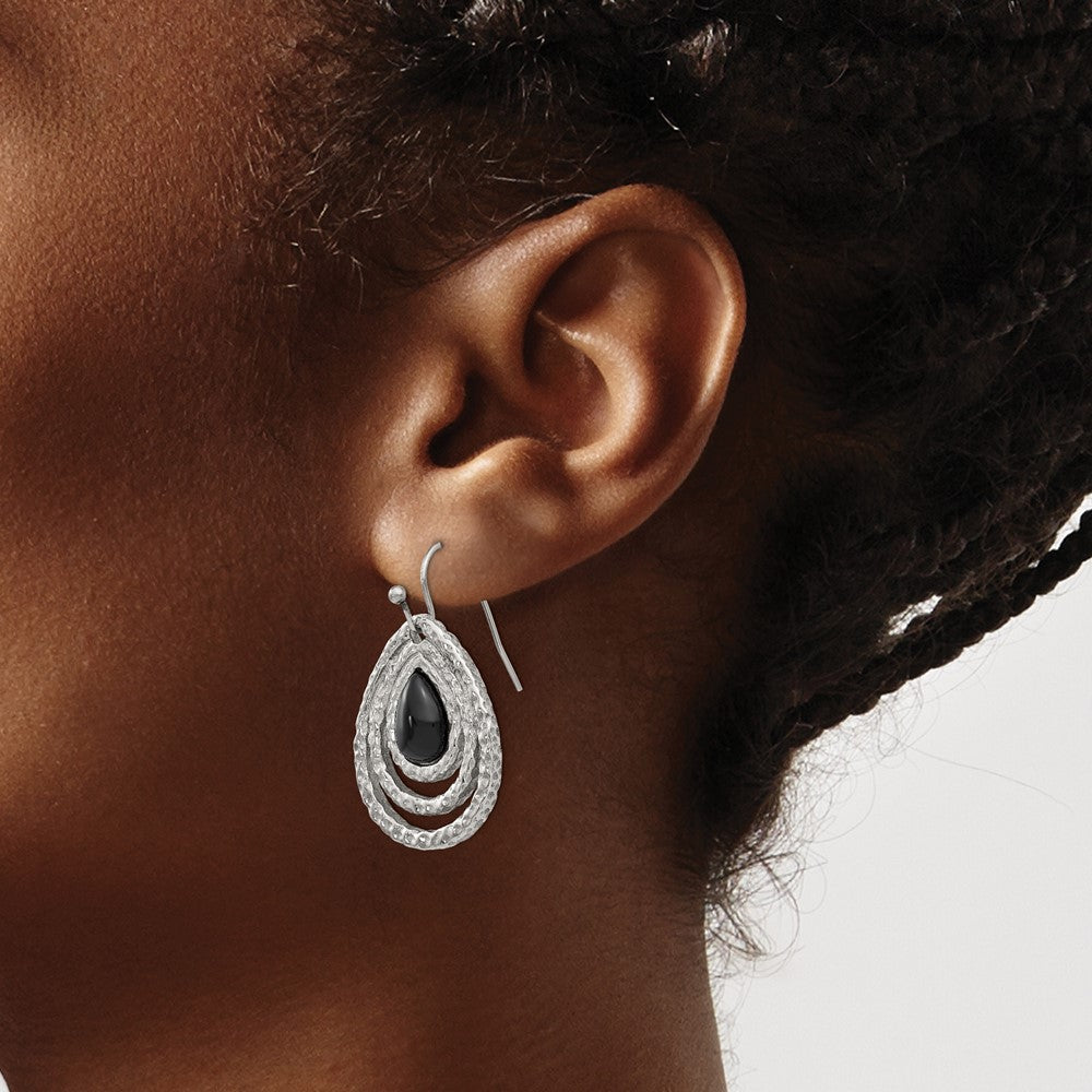 Stainless Steel Chisel Polished And Textured Black Onyx Shepherd Hook Earrings