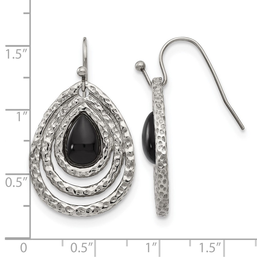 Stainless Steel Chisel Polished And Textured Black Onyx Shepherd Hook Earrings