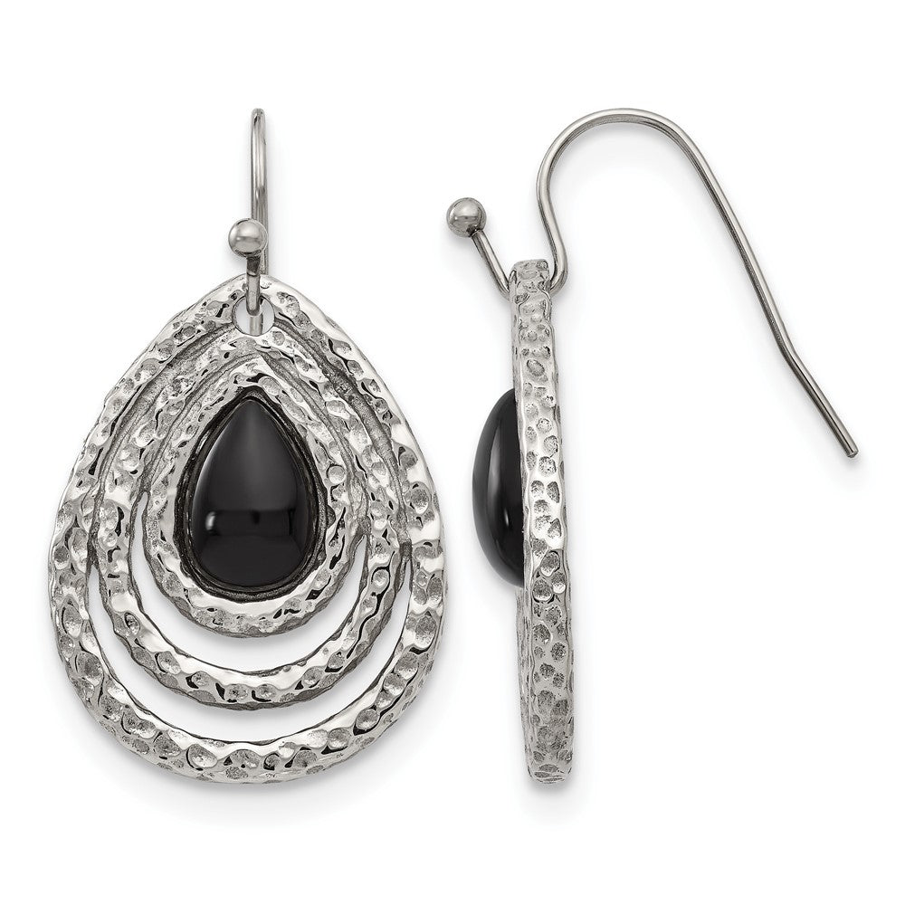 Stainless Steel Chisel Polished And Textured Black Onyx Shepherd Hook Earrings