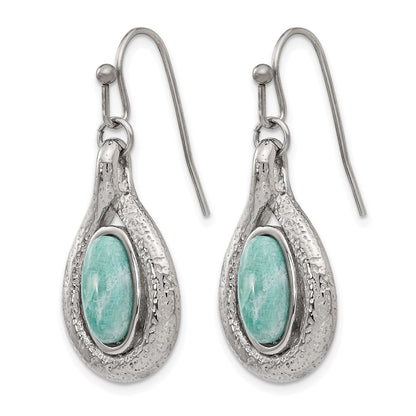 Stainless Steel Polished And Textured Dyed Synthetic Green Jade Earrings