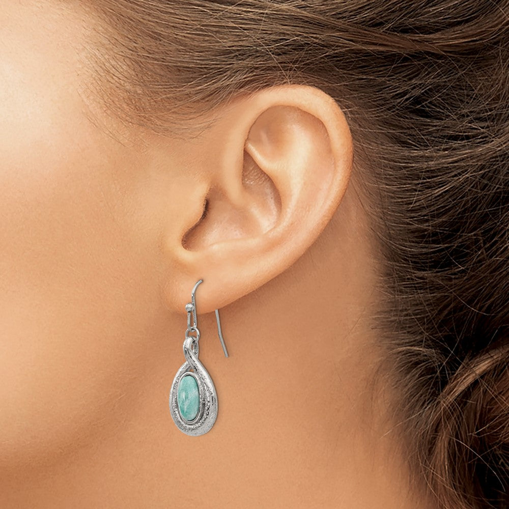 Stainless Steel Polished And Textured Dyed Synthetic Green Jade Earrings