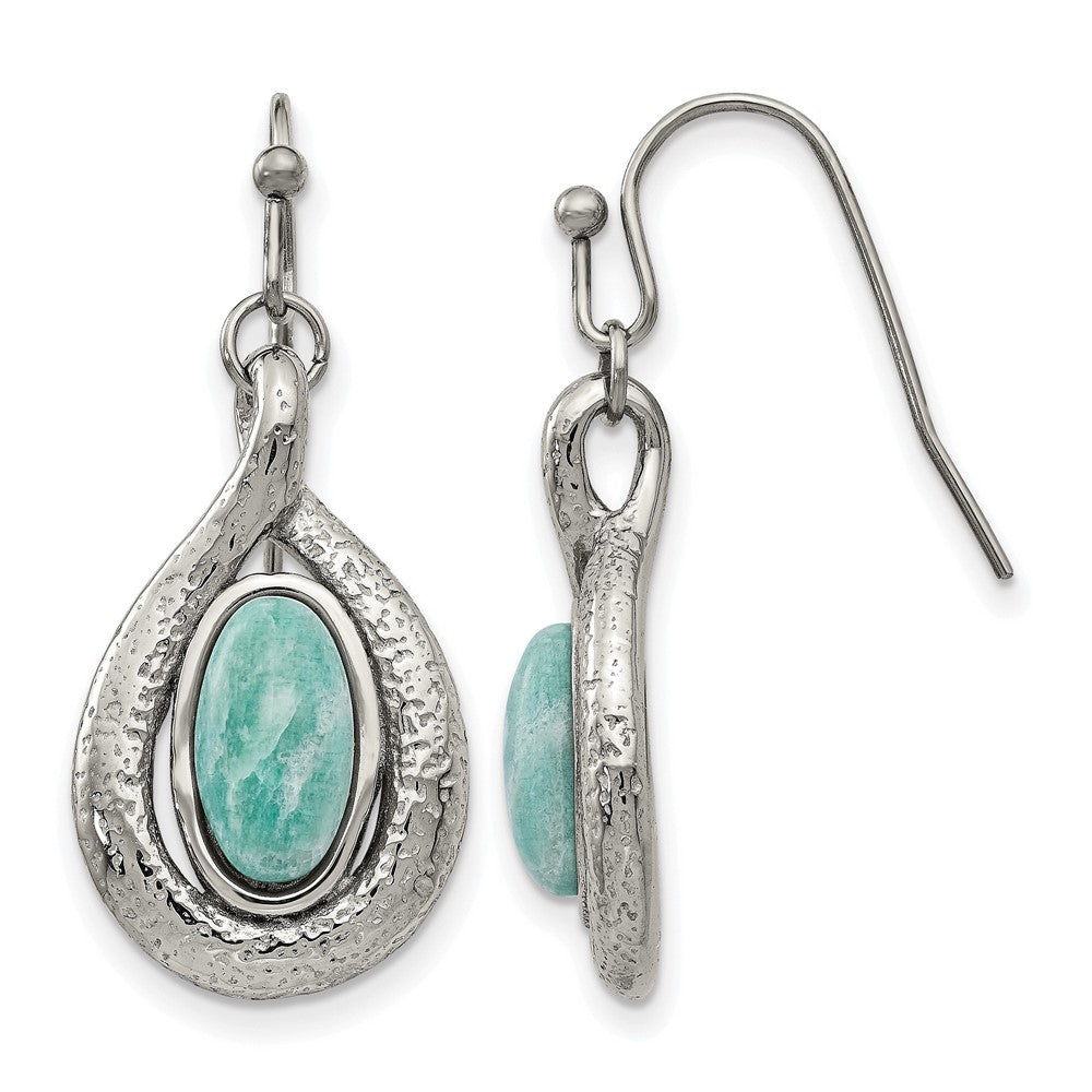 Stainless Steel Polished And Textured Dyed Synthetic Green Jade Earrings