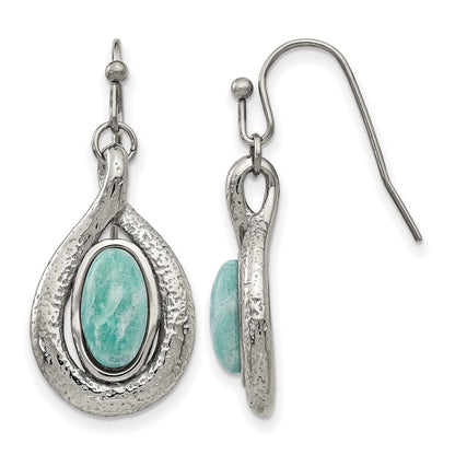 Stainless Steel Polished And Textured Dyed Synthetic Green Jade Earrings