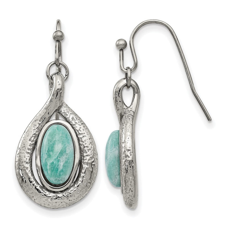 Stainless Steel Polished And Textured Dyed Synthetic Green Jade Earrings