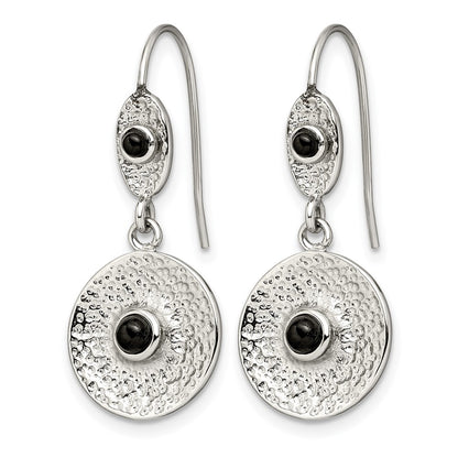 Stainless Steel Polished And Textured Black Onyx Circle Earrings