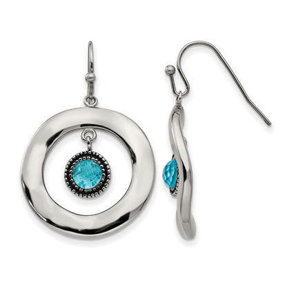 Stainless Steel Polished Wavy Circle W/Blue Glass Shepherd Hook Earrings