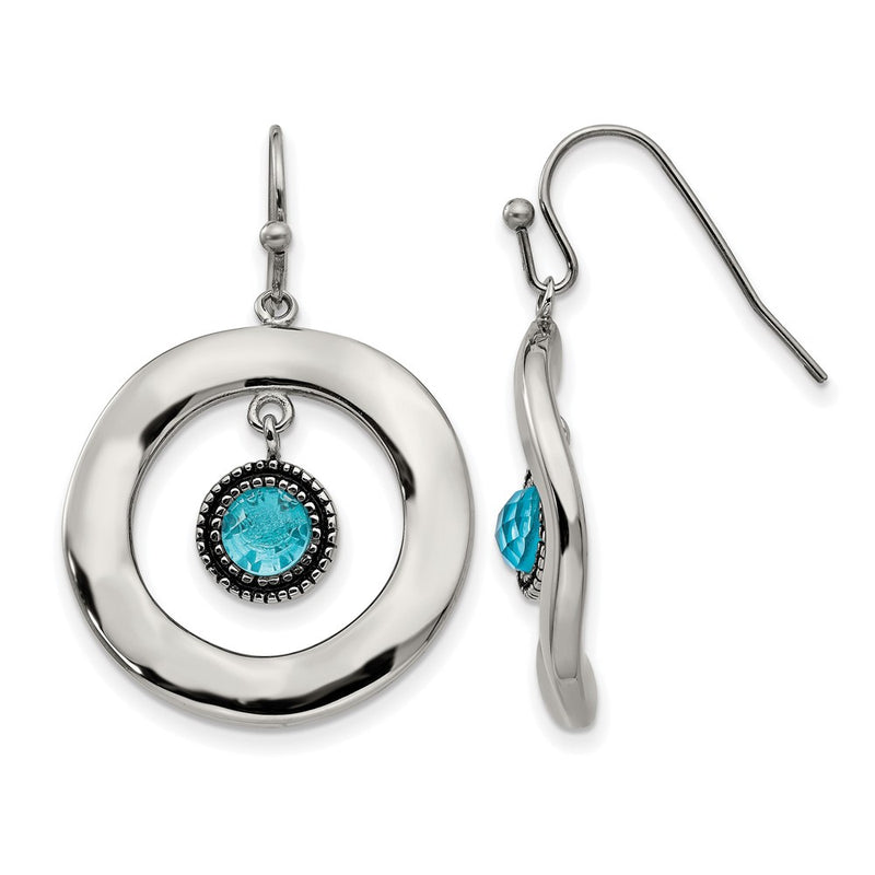 Stainless Steel Polished Wavy Circle W/Blue Glass Shepherd Hook Earrings