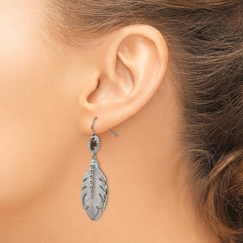 Stainless Steel Polished And Textured Smoky Quartz Feather Earrings