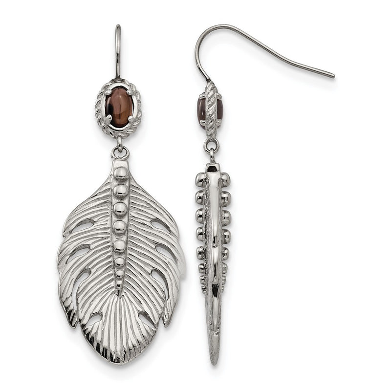Stainless Steel Polished And Textured Smoky Quartz Feather Earrings