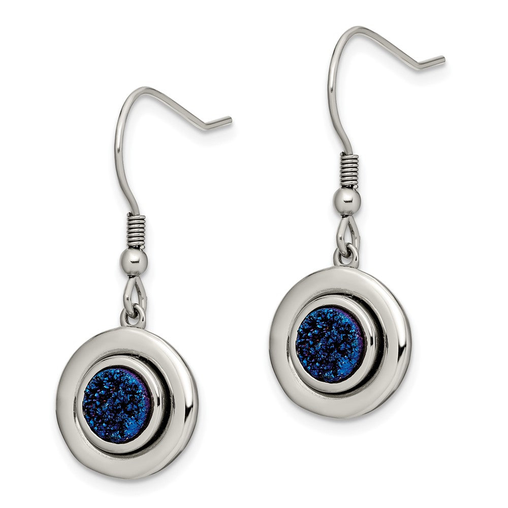 Stainless Steel Chisel Polished With Blue Druzy Dangle Shepherd Hook Earrings