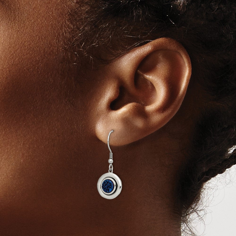 Stainless Steel Chisel Polished With Blue Druzy Dangle Shepherd Hook Earrings