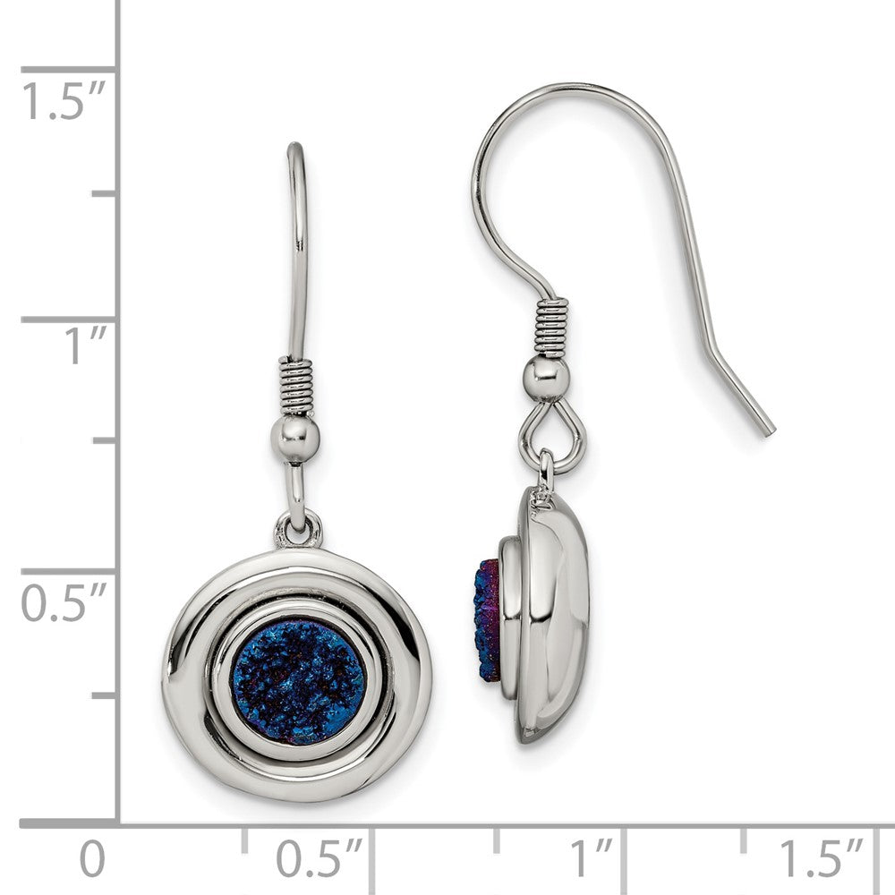 Stainless Steel Chisel Polished With Blue Druzy Dangle Shepherd Hook Earrings