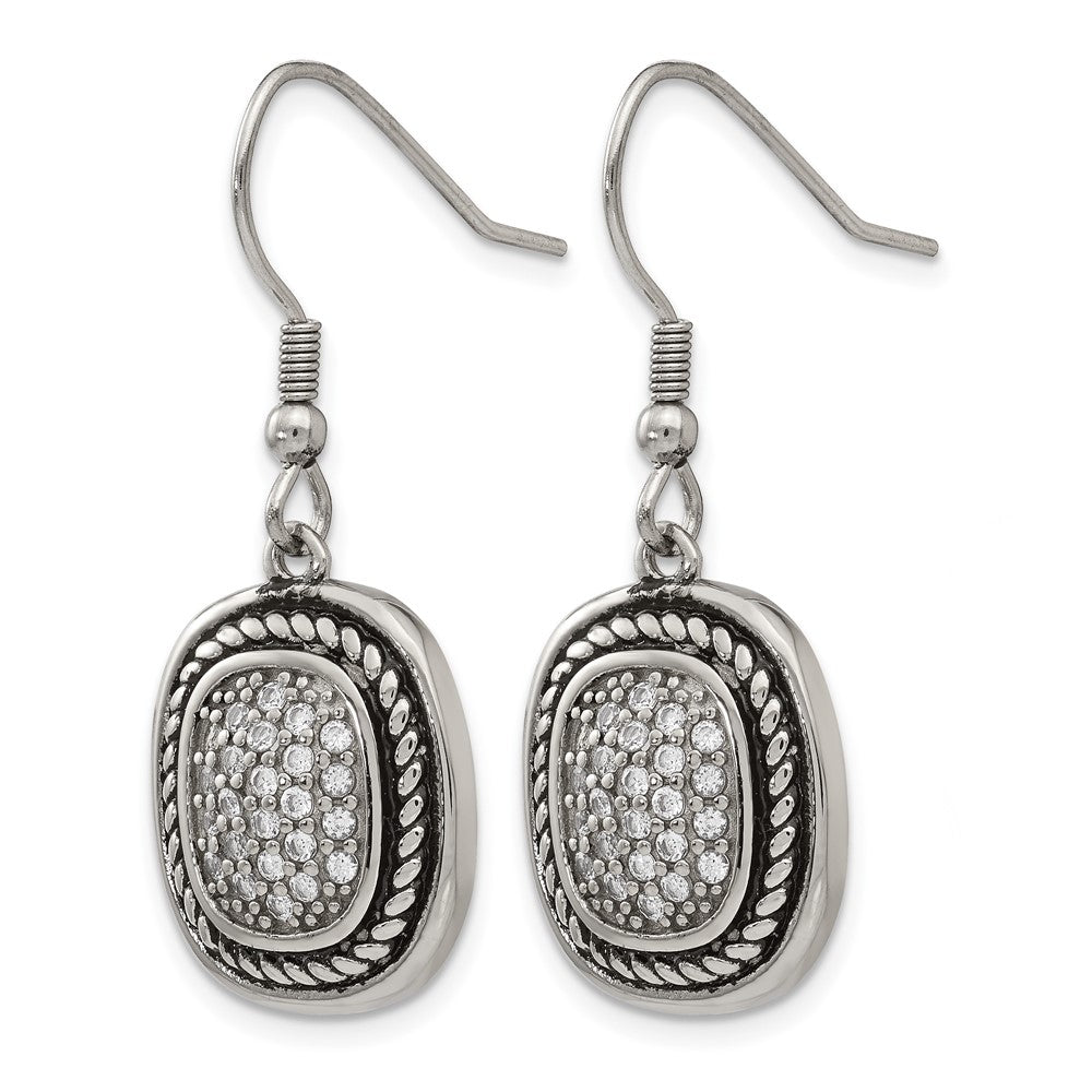 Stainless Steel Chisel Antiqued And Polished With Cz Dangle Shepherd Hook Earrings