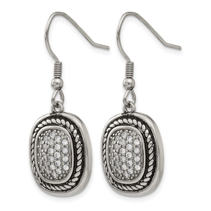 Stainless Steel Chisel Antiqued And Polished With Cz Dangle Shepherd Hook Earrings