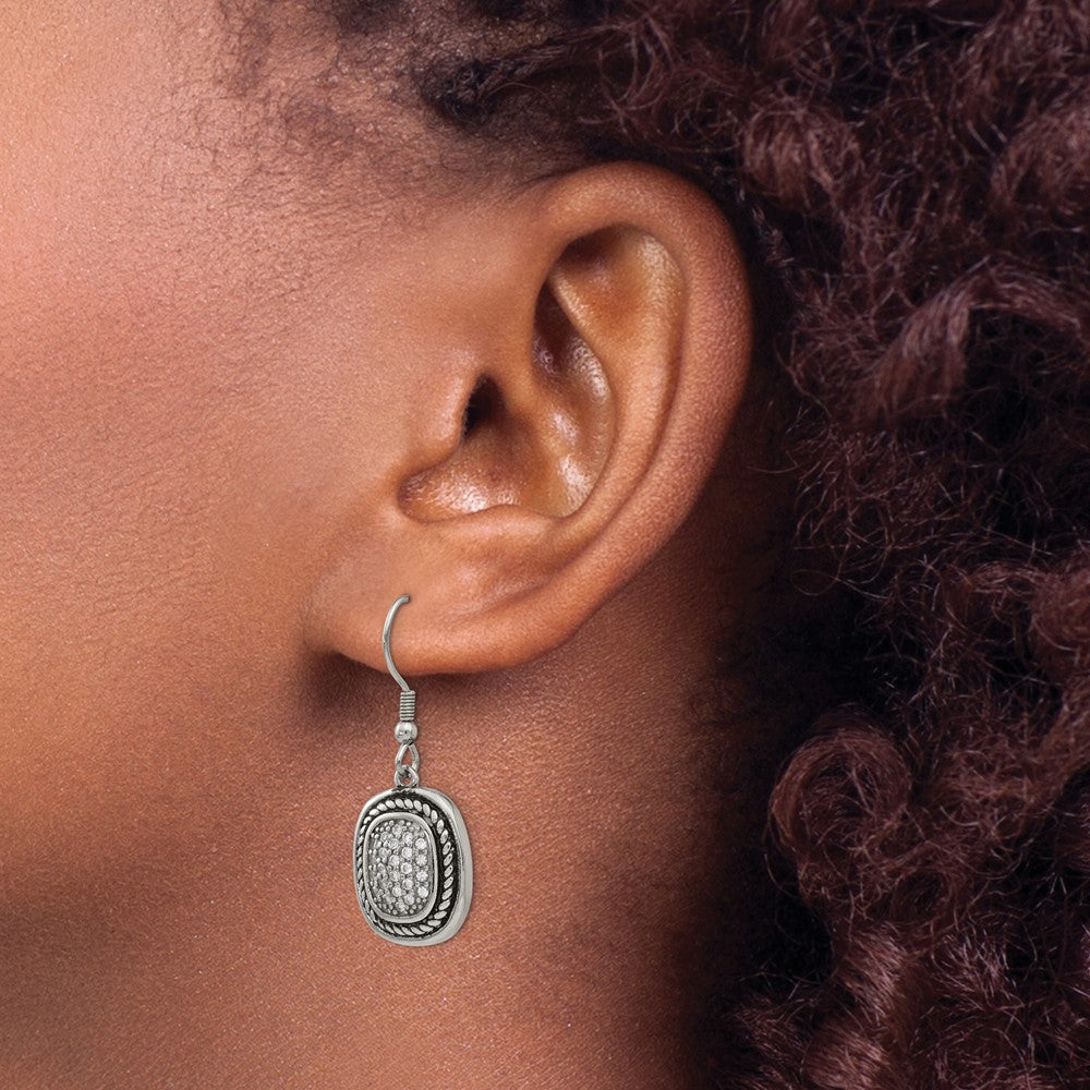 Stainless Steel Chisel Antiqued And Polished With Cz Dangle Shepherd Hook Earrings