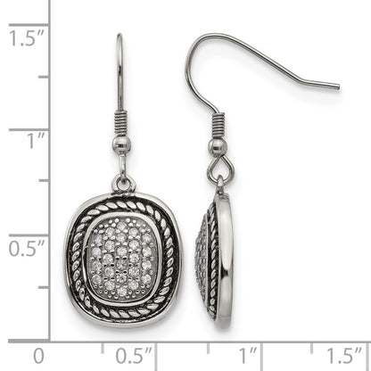 Stainless Steel Chisel Antiqued And Polished With Cz Dangle Shepherd Hook Earrings