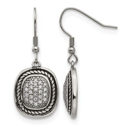 Stainless Steel Chisel Antiqued And Polished With Cz Dangle Shepherd Hook Earrings
