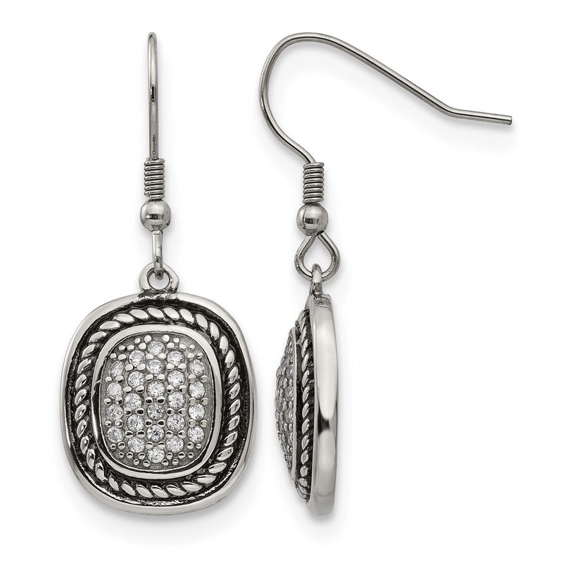 Stainless Steel Chisel Antiqued And Polished With Cz Dangle Shepherd Hook Earrings