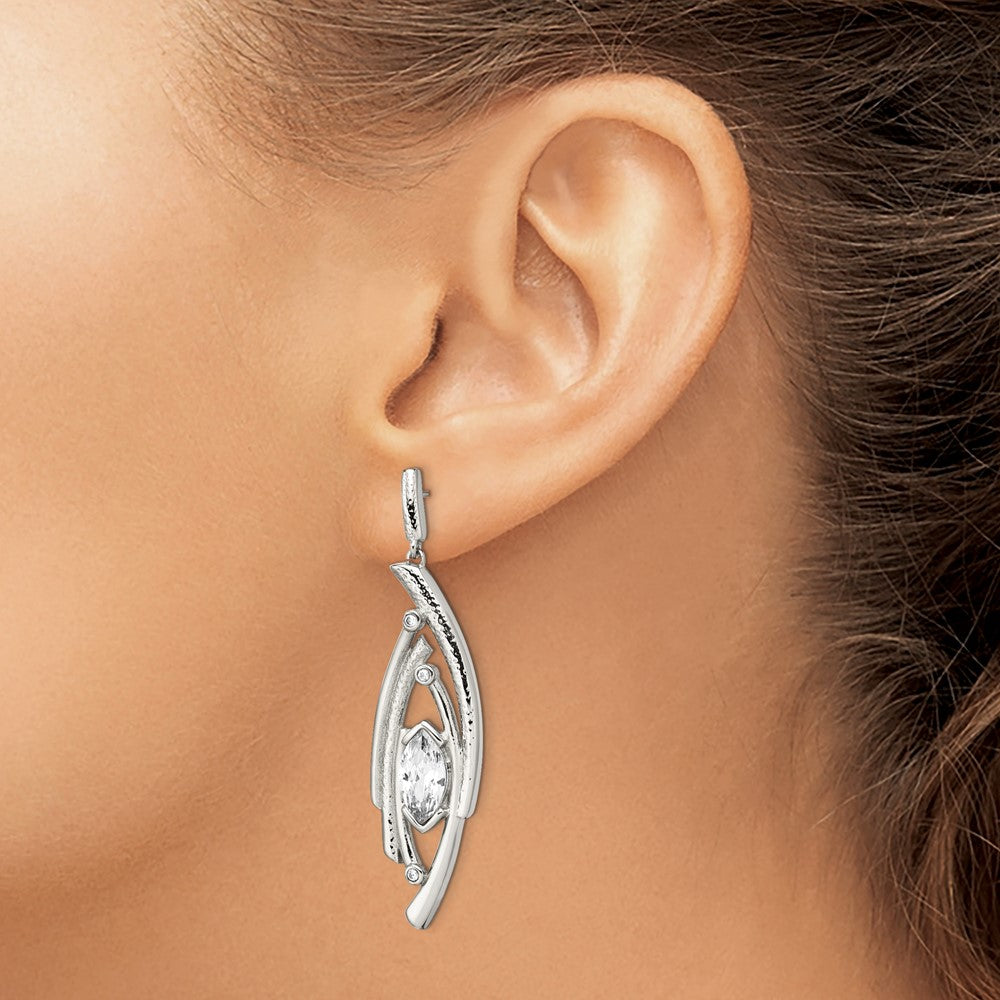 Stainless Steel Polished Textured Marquise Shape Cz Post Dangle Earrings