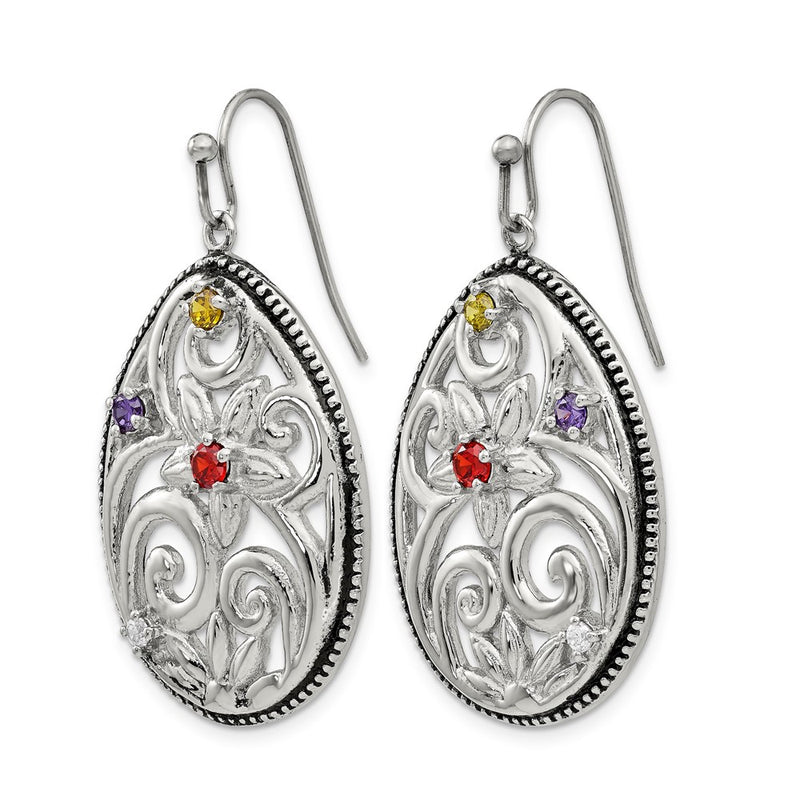 Stainless Steel Chisel Antiqued And Polished With Multicolor Cz Dangle Shepherd Hook Earrings