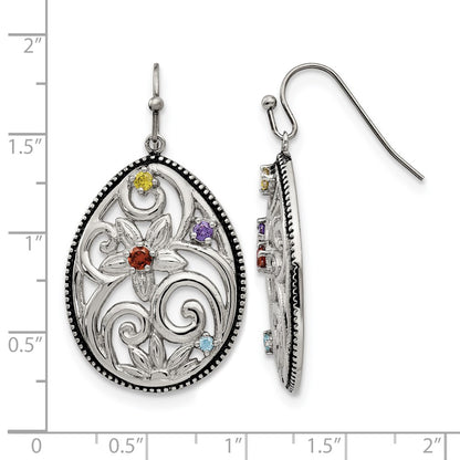 Stainless Steel Chisel Antiqued And Polished With Multicolor Cz Dangle Shepherd Hook Earrings