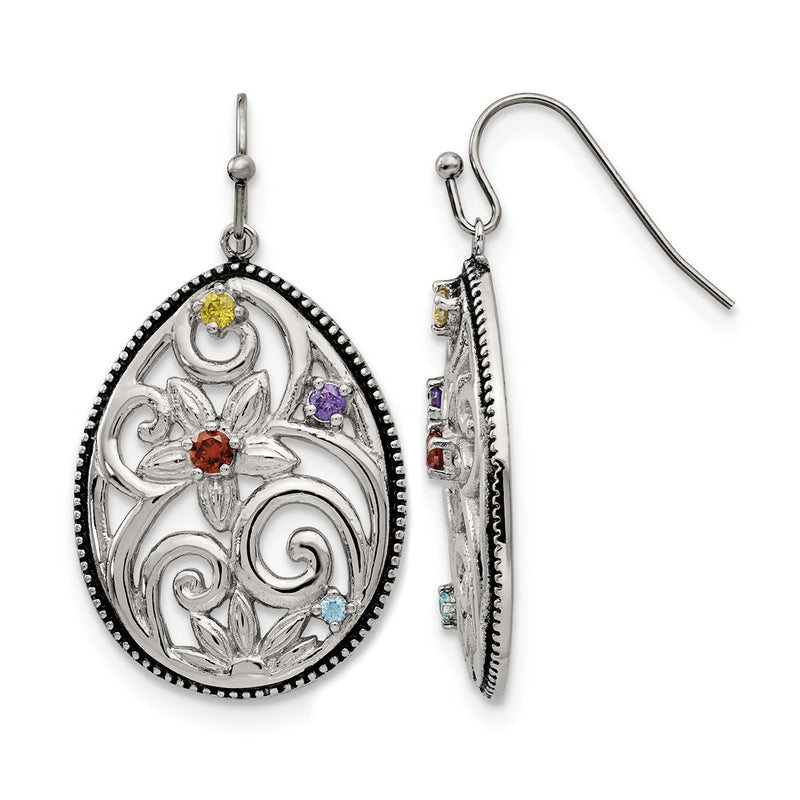 Stainless Steel Chisel Antiqued And Polished With Multicolor Cz Dangle Shepherd Hook Earrings