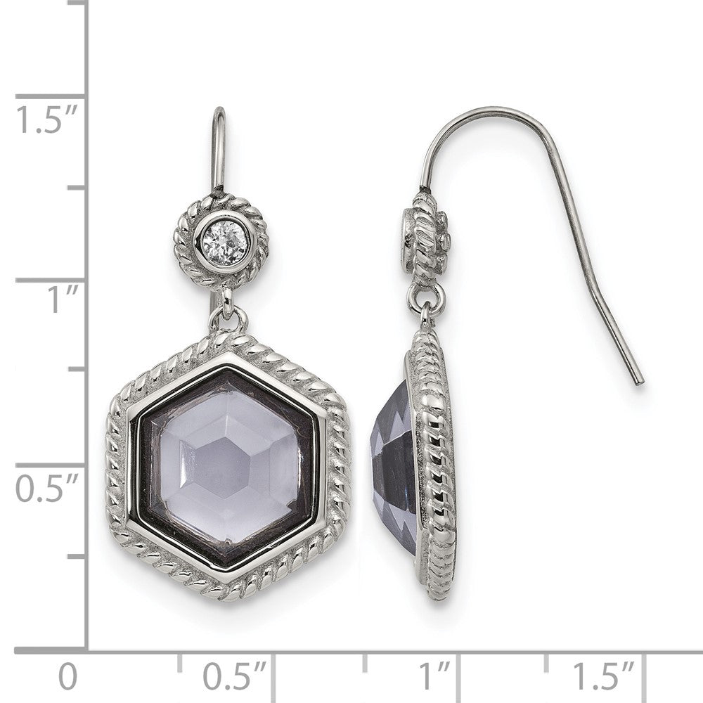 Stainless Steel Chisel Antiqued And Polished With Grey Glass Cz Shepherd Hook Earrings