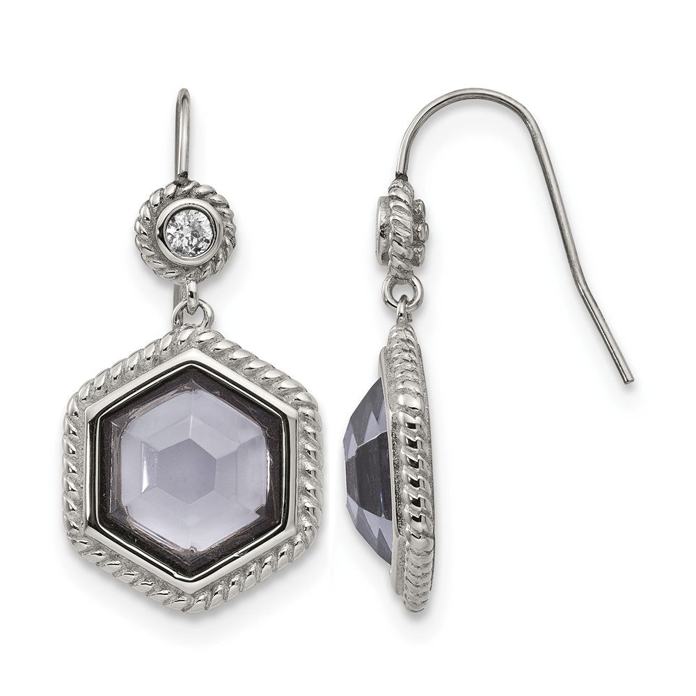 Stainless Steel Chisel Antiqued And Polished With Grey Glass Cz Shepherd Hook Earrings