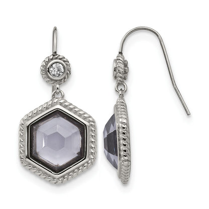 Stainless Steel Chisel Antiqued And Polished With Grey Glass Cz Shepherd Hook Earrings