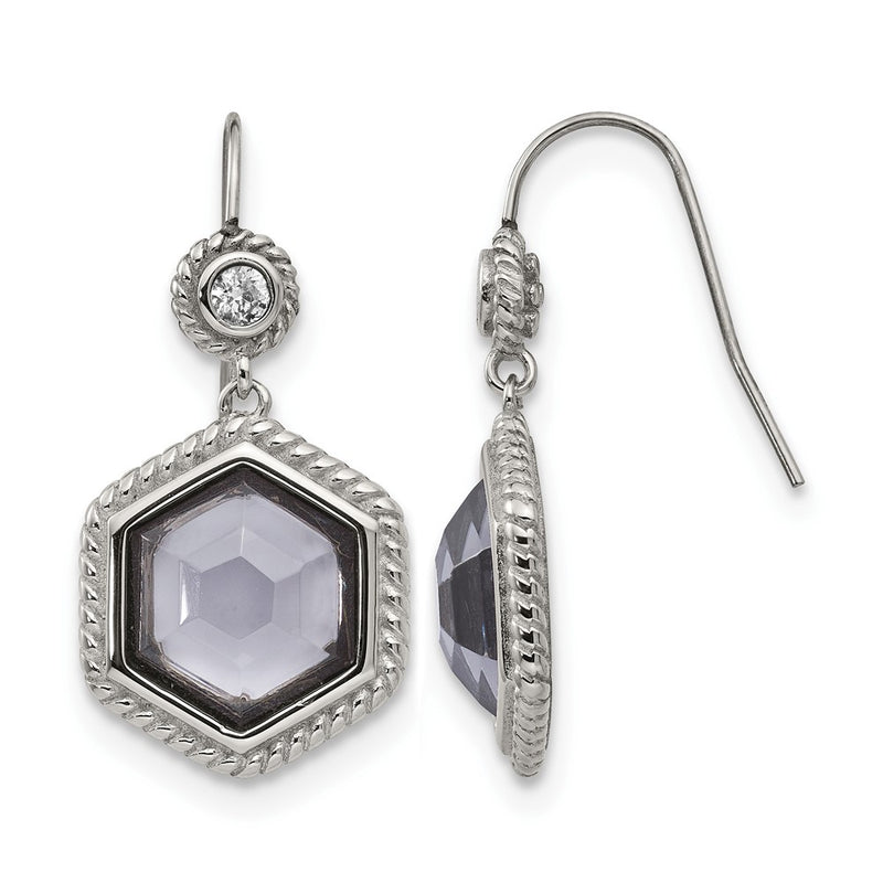 Stainless Steel Chisel Antiqued And Polished With Grey Glass Cz Shepherd Hook Earrings
