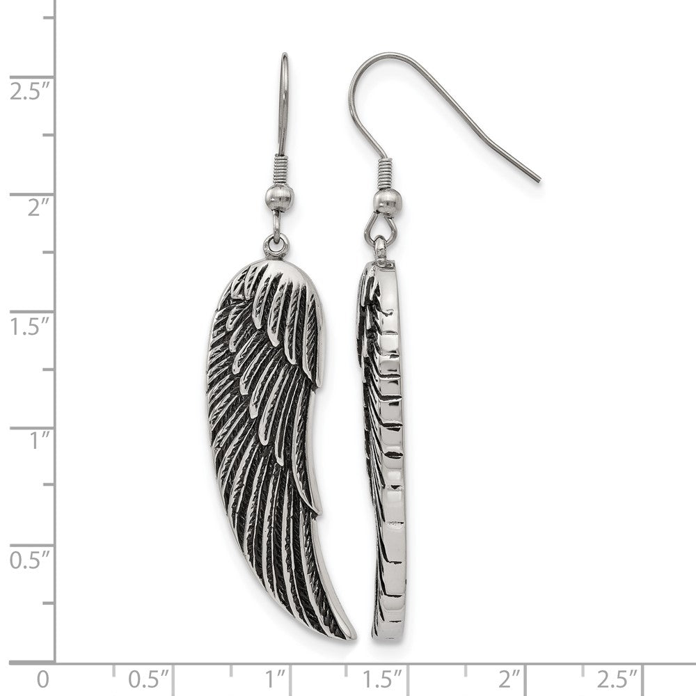 Stainless Steel Chisel Antiqued And Polished Wing Dangle Shepherd Hook Earrings