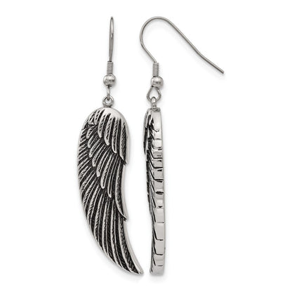 Stainless Steel Chisel Antiqued And Polished Wing Dangle Shepherd Hook Earrings